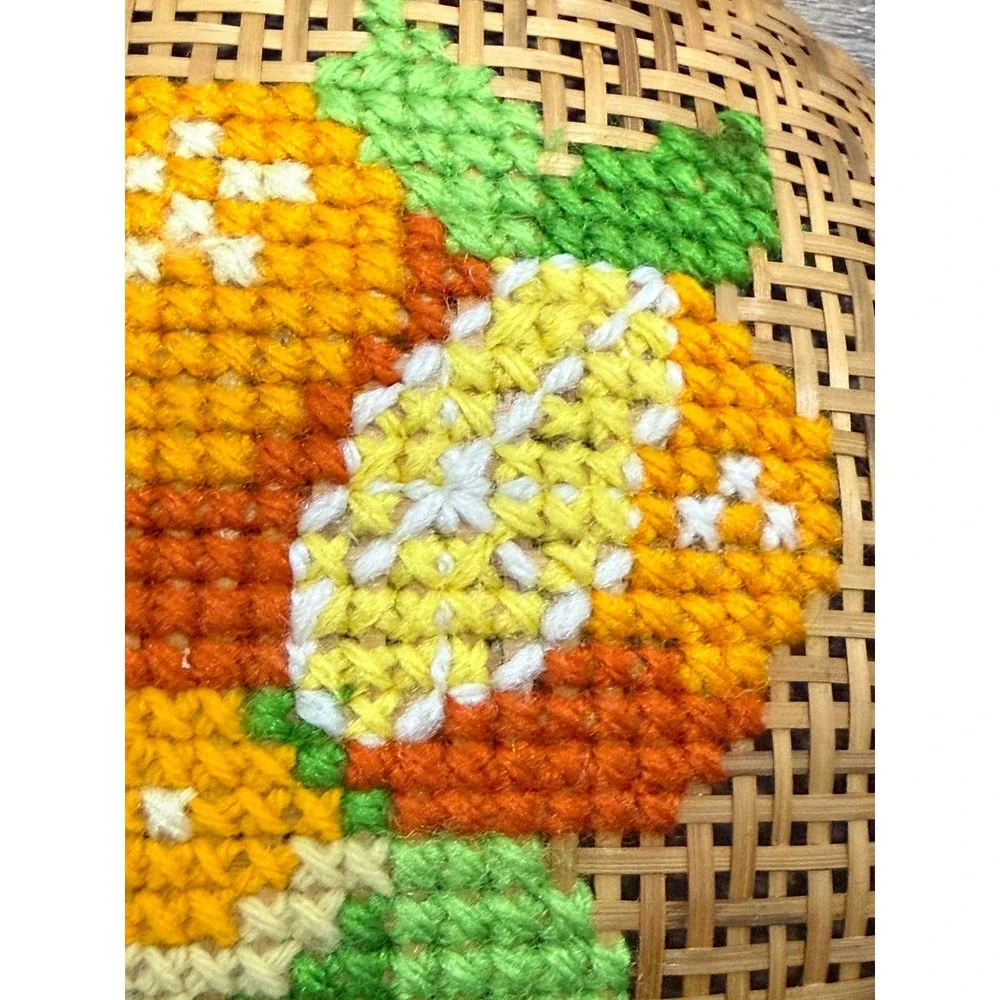Vintage Woven Rattan Basket Yarn Embroidered Floral Folk Art Boho Wall Decor